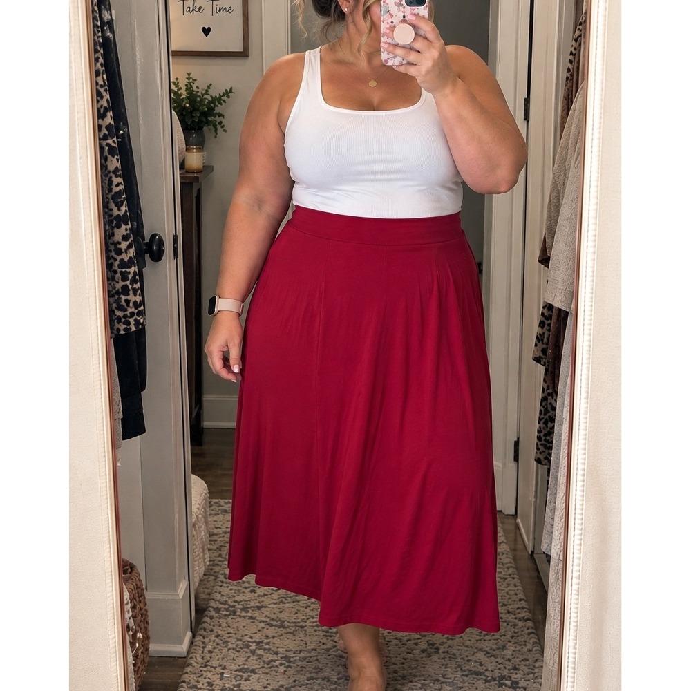 Luck & Love Midi Skirt XXXL Red Pull On A Line Flowy Knit Stretch